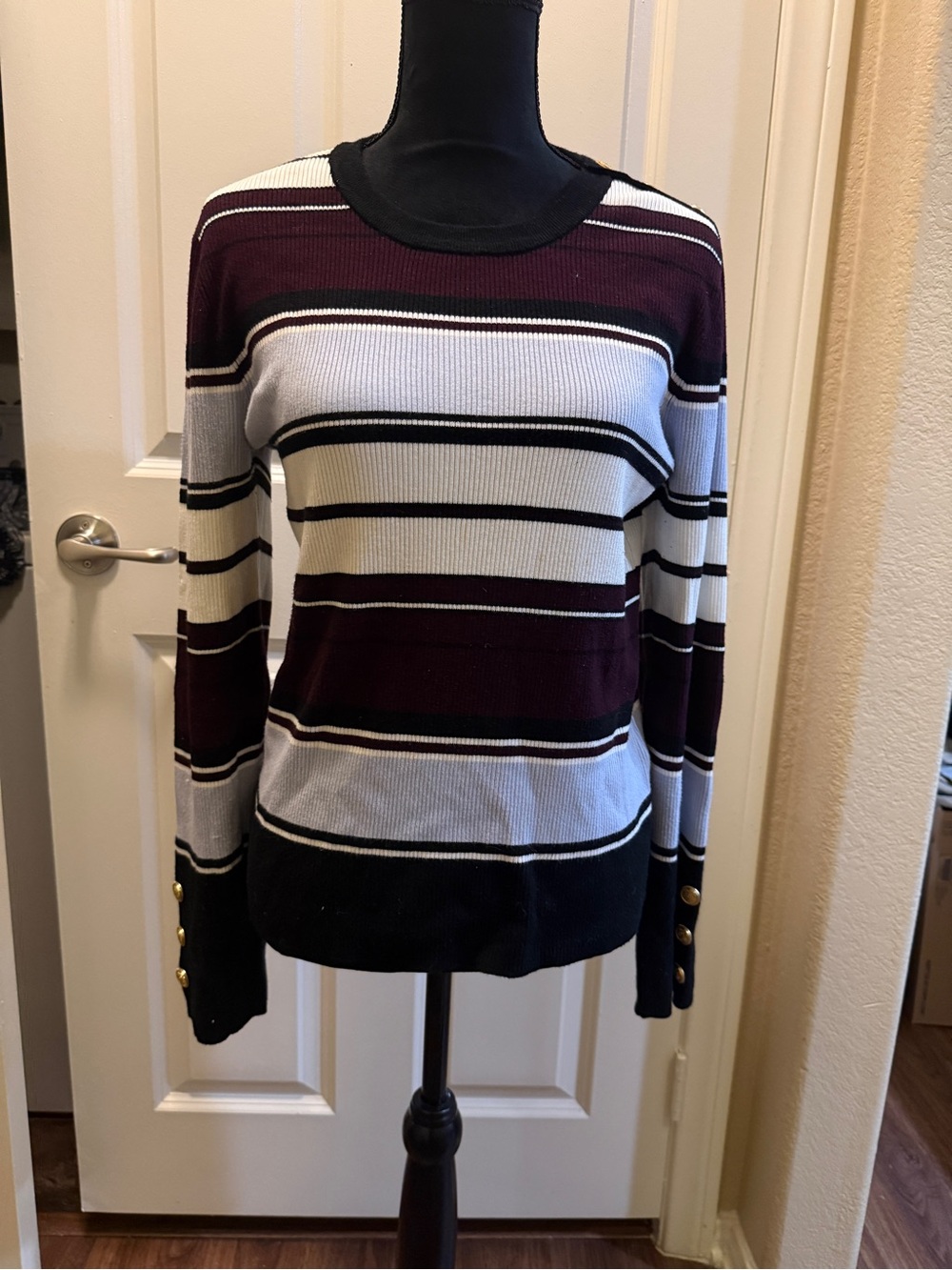 Ellen Tracy Striped Crewneck Sweater in Burgundy, Black, and White